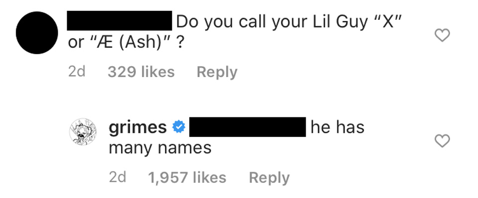 Grimes Instagram comment baby name